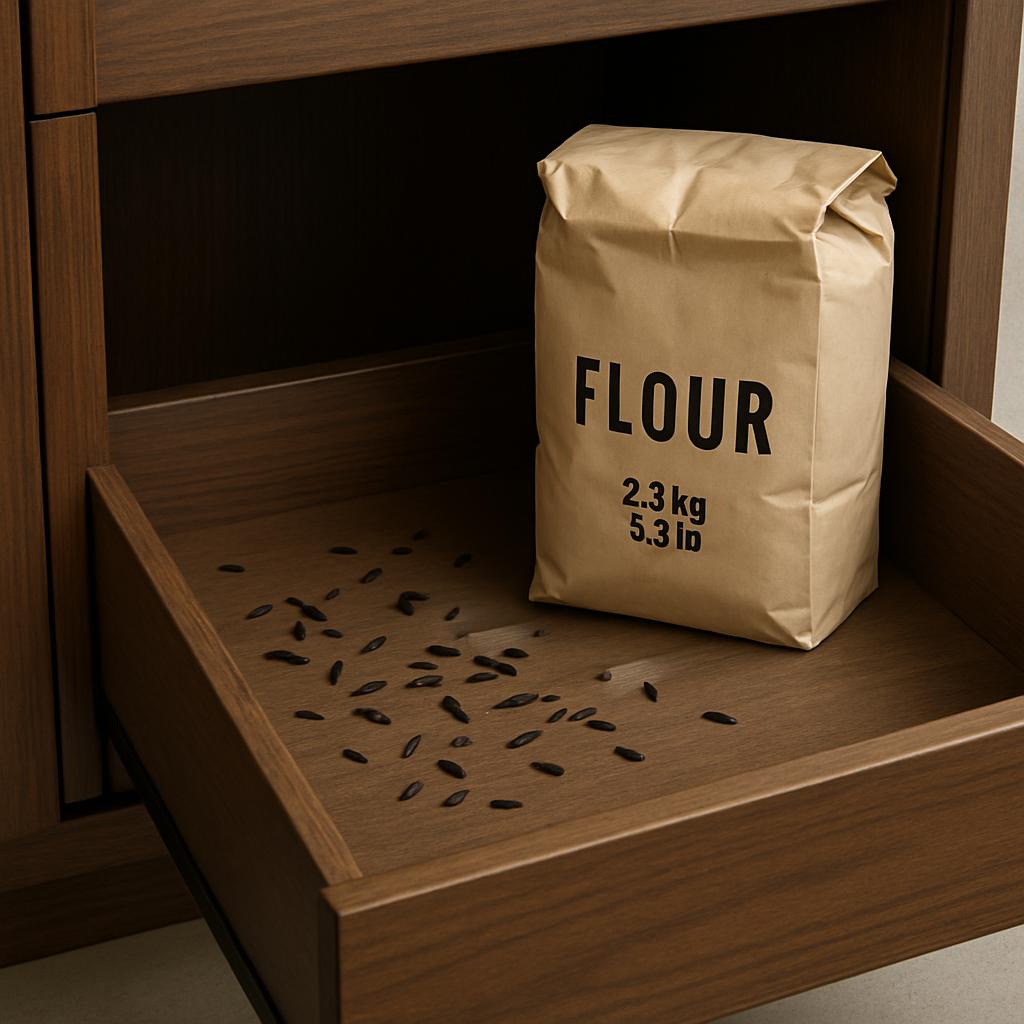 The image depicts a bag of flour sitting in an open kitchen drawer, surrounded by a few scattered black sunflower seeds. T...