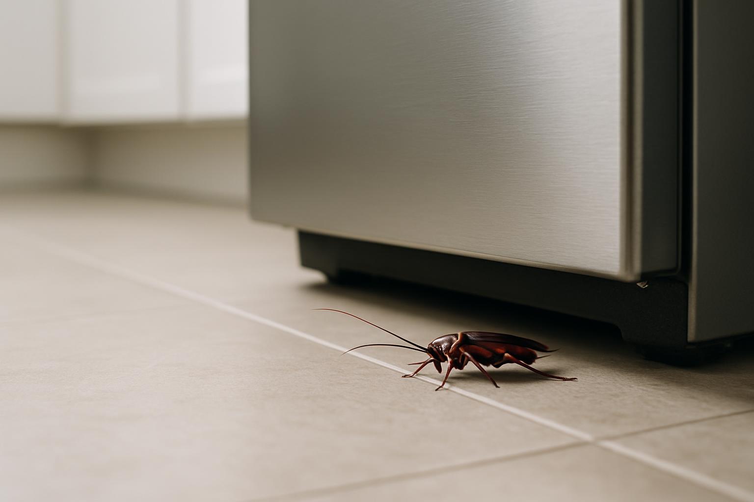 A close-up photograph of a cockroach on a kitchen floor.