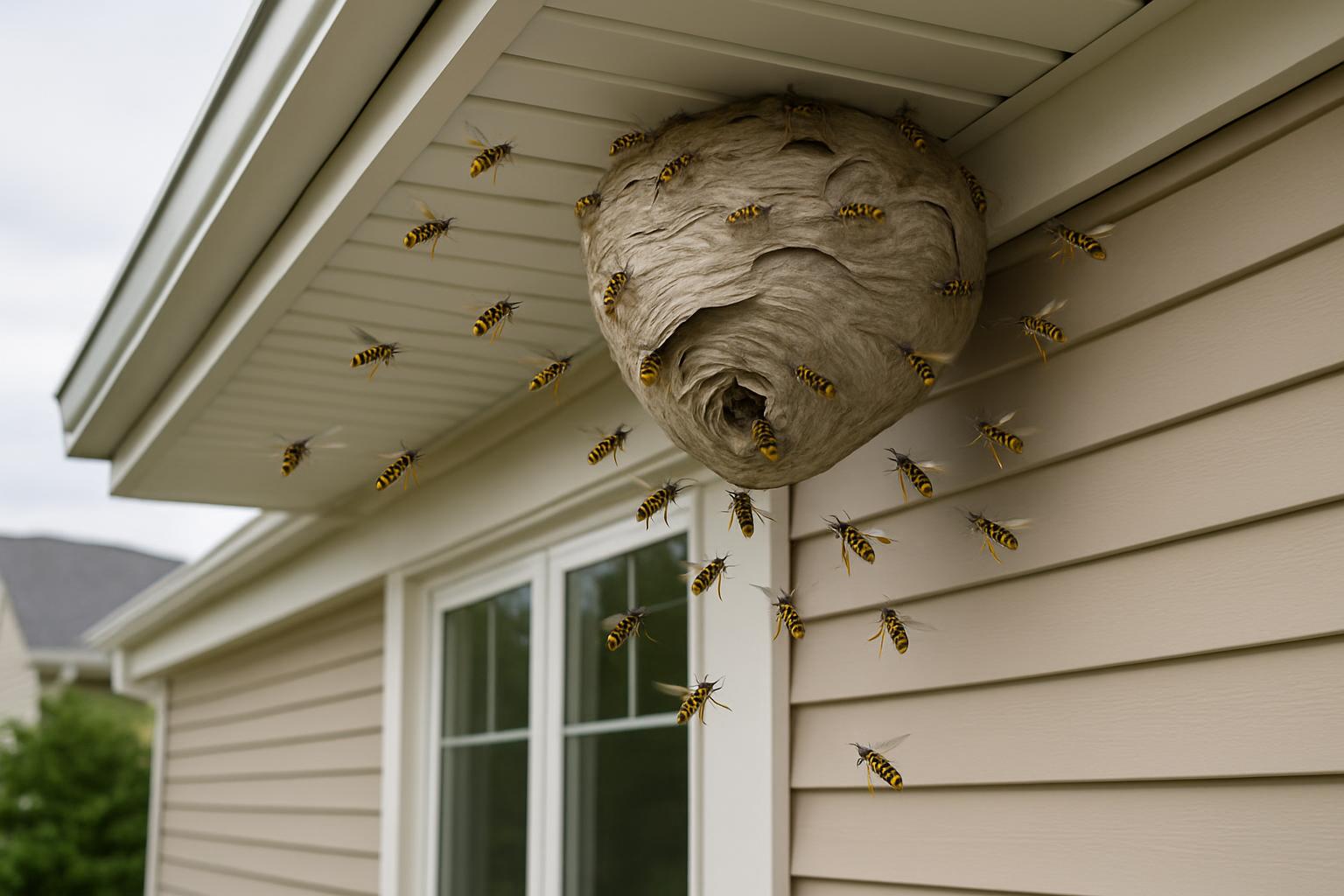 A large hornet swarm is depicted near a house, with the hornets flying about a communal nest outside. The greyish-brown ne...