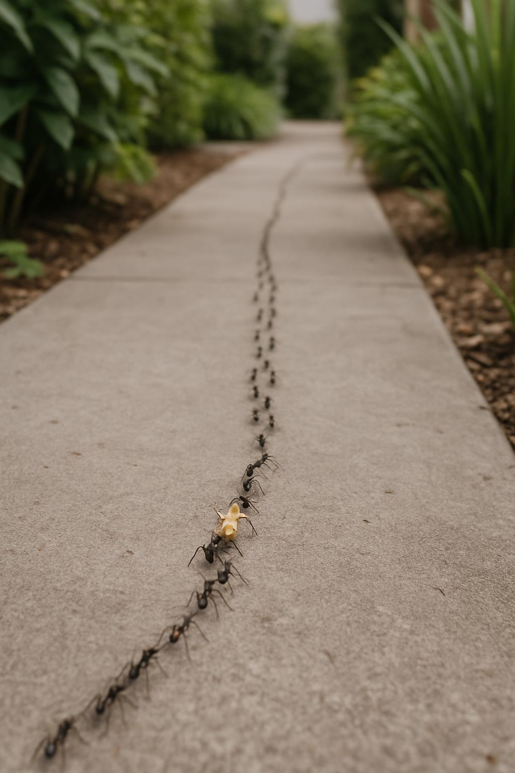 A line of ants walking in a straight path on a concrete sidewalk.