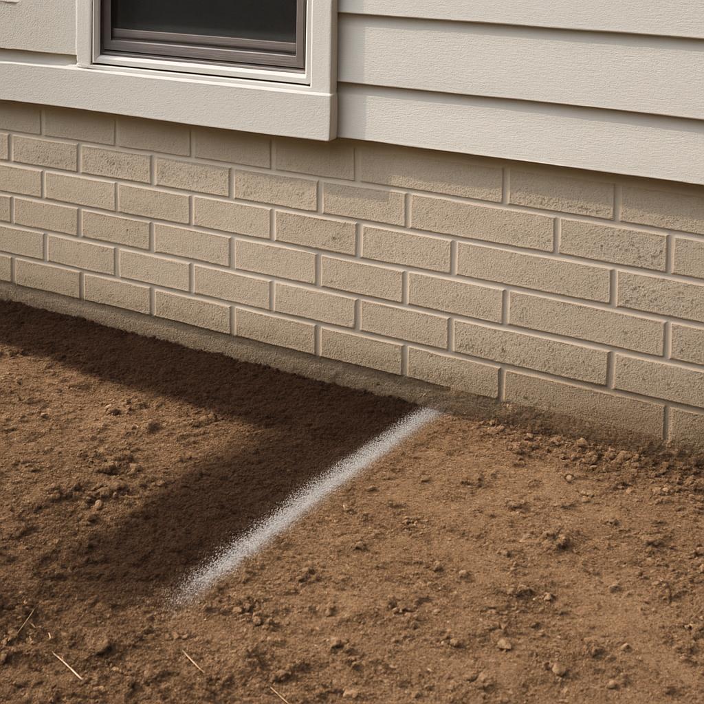 A house foundation with a visible white line on the ground at the bottom, likely marking where pipes or wires should be pl...