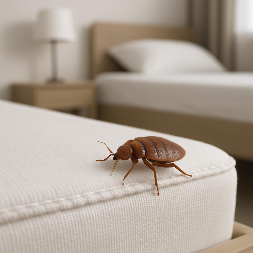 A close-up of a brown bed bug on the corner of a bed, with two other beds in the background.
