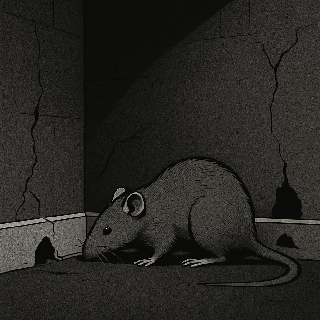 A detailed illustration of a large gray rat studying the muddy rubble of an abandoned rough tank, set against a dark gray ...